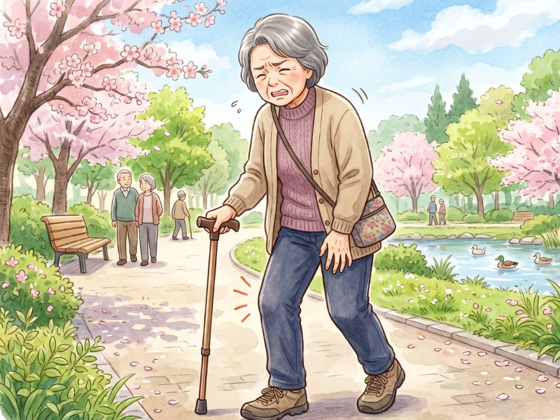 杖で歩いている高齢女性