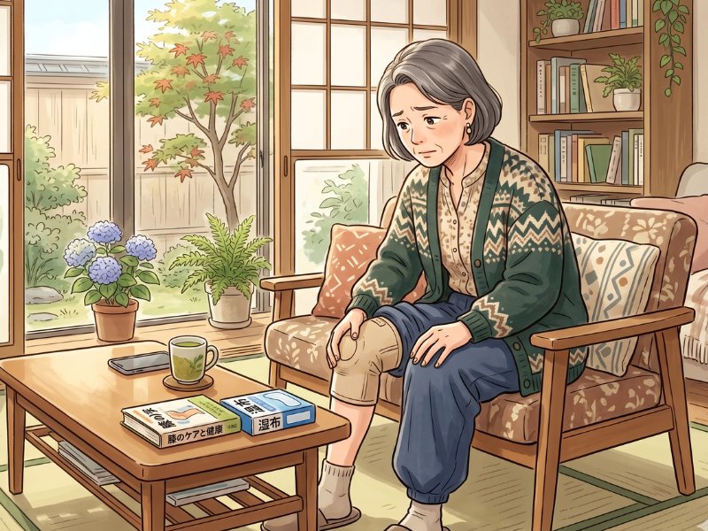 膝に手を当てている女性
