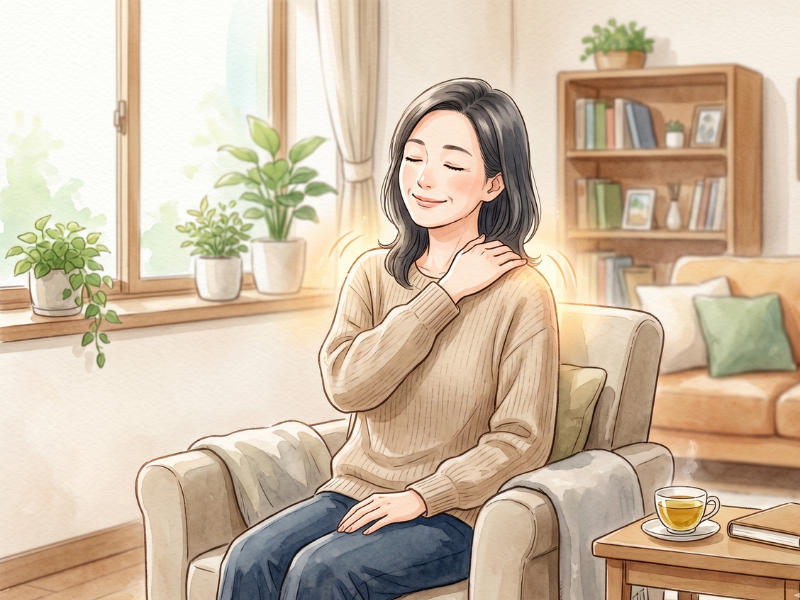 肩に手を当てている女性